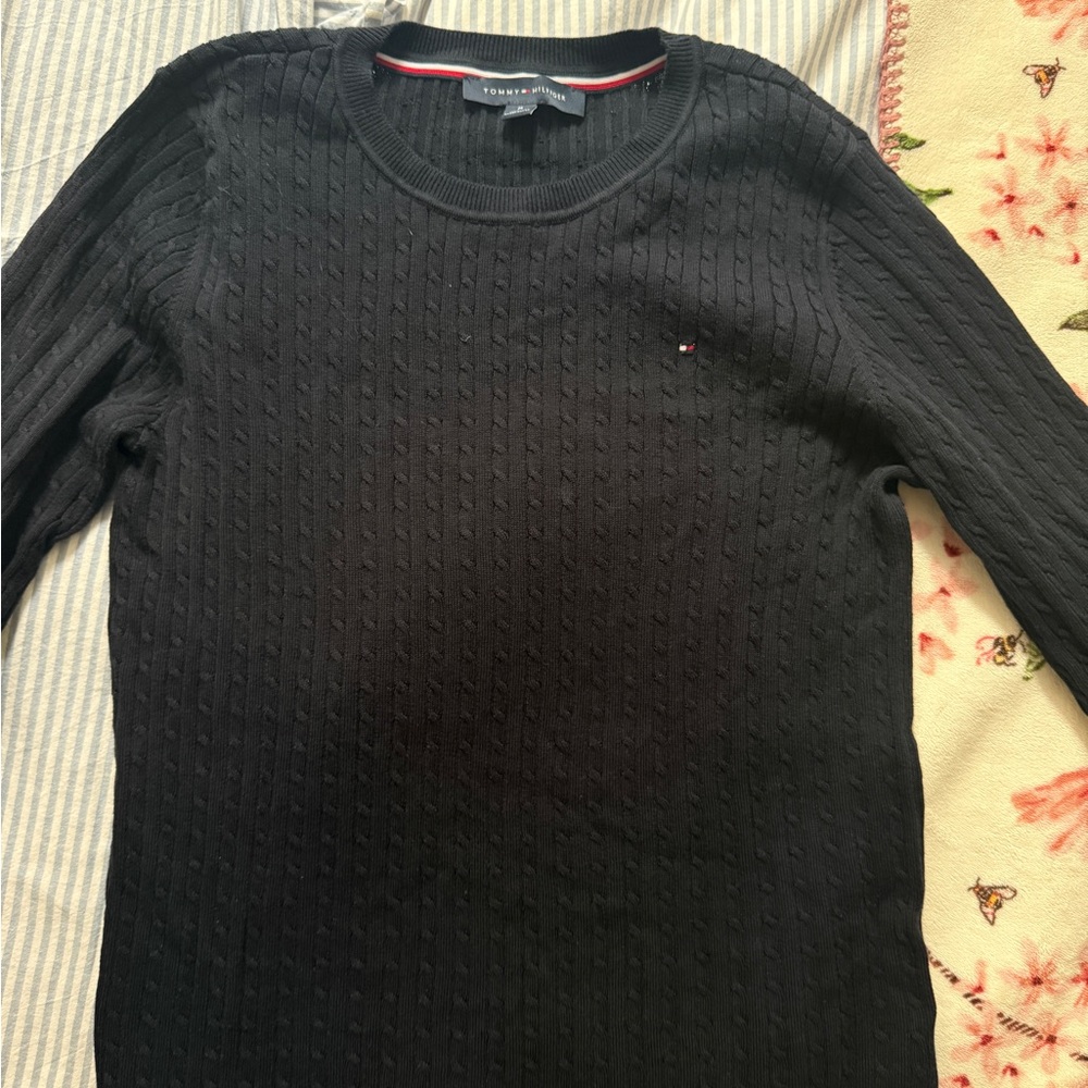 Tommy Hilfiger Navy Black Cable-Knit Crewneck Sweater